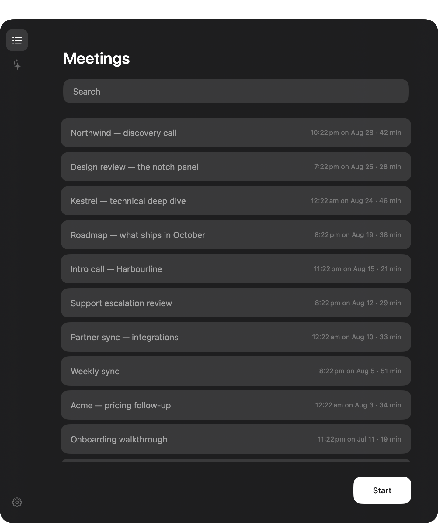 Miso showing a list of past meetings
